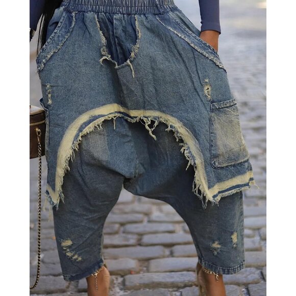 Women's Denim Harem Jeans High Waist Baggy Patchwork Frayed Hem - Picture 5 of 6